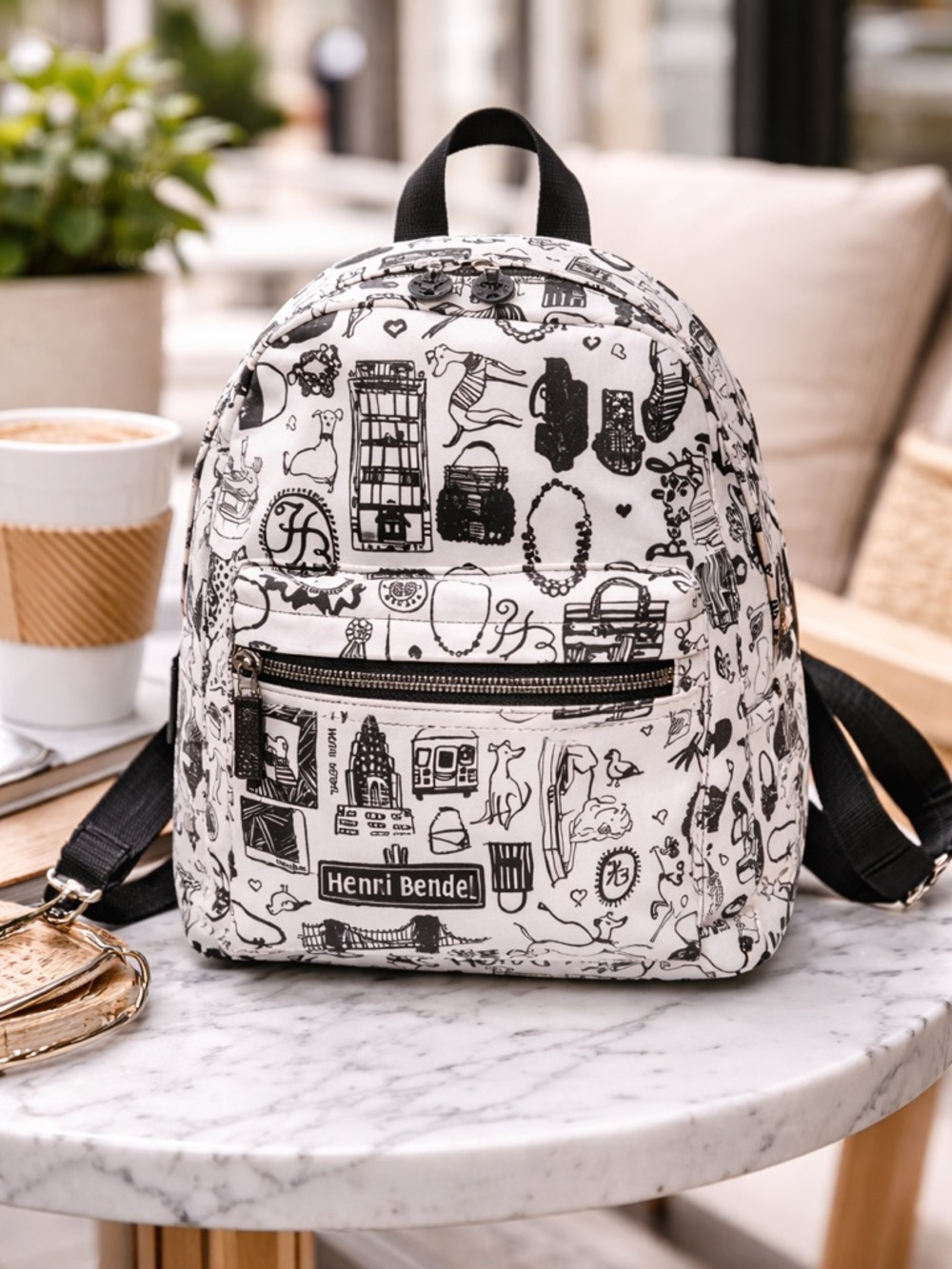 Henri Bendel NYC Print Backpack Black White Rare Travel Bag Mini Daypack Logo